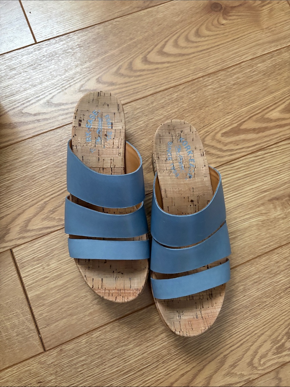 Kork-Ease Blue Triple Strap Cork Slide Sandals - Women